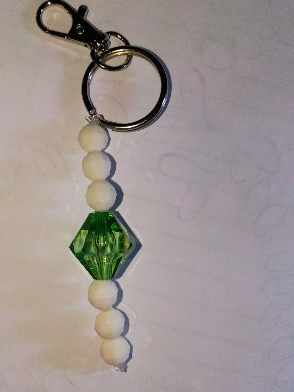 Green and White Beaded Keychain Charm